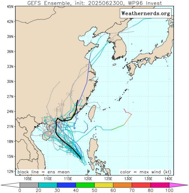 다중앙상블(GEFS) 모델 96W 열대요란 예상경로