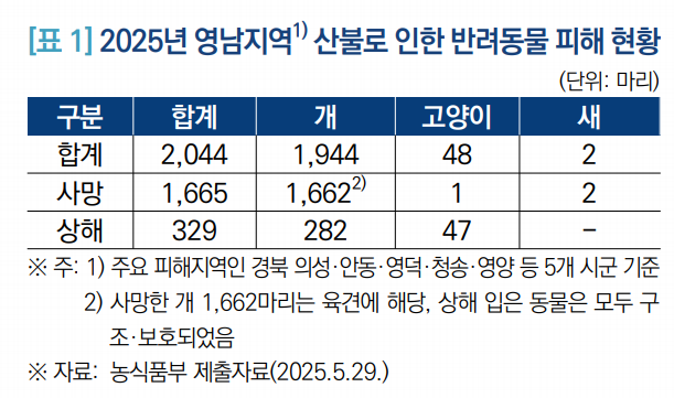 2025년 영남지역 산불로 인한 반려동물 피해 현황