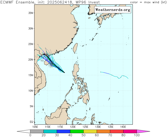 유럽중기예보센터(ECMWF) 앙상블(Ensemble) 모델 96W 열대요란(3호 태풍 문 발달 가능성) 예상경로