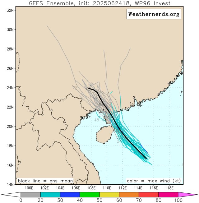 다중앙상블(GEFS) 모델 96W 열대요란(3호 태풍 문 발달 가능성) 예상경로