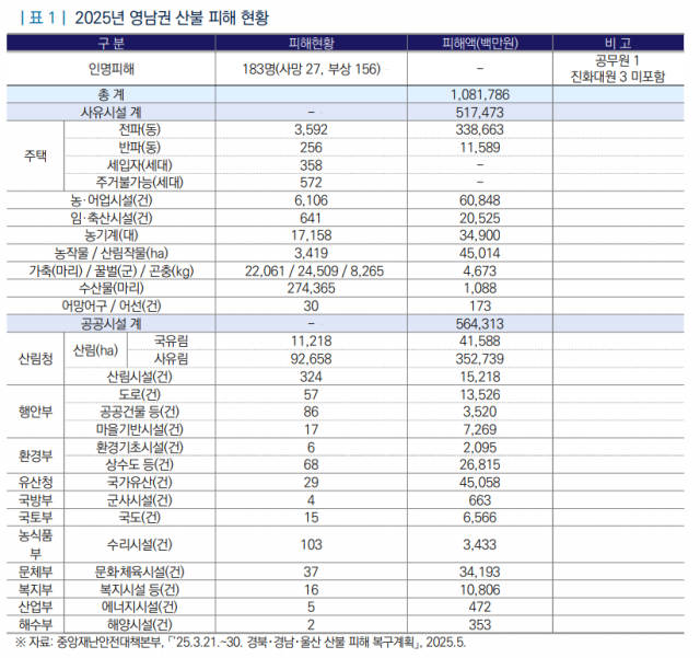 2025년 영남권 산불 피해 현황. 중앙재난안전대책본부, 국회입법조사처 제공