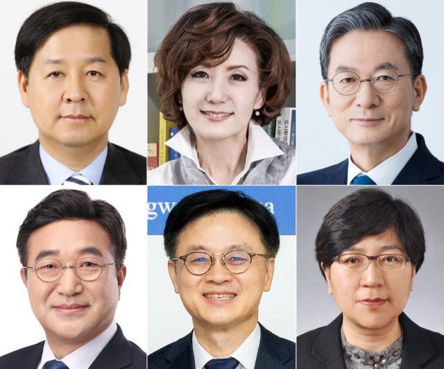 대통령실은 29일 강훈식 대통령비서실장의 브리핑을 통해 이재명 대통령의 장관급 추가 인선을 발표했다. 사진 왼쪽 위부터 구윤철 기획재정부 장관 후보자, 이진숙 교육부 장관 후보자, 정성호 법무부 장관 후보자. 사진 왼쪽 아래부터 윤호중 행정안전부 장관 후보자, 김정관 산업통상자원부 장관 후보자, 정은경 보건복지부 장관 후보자. 연합뉴스