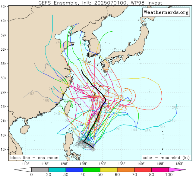다중앙상블(GEFS) 모델 감시 98W 열대요란(3호 태풍 문 또는 4호 태풍 다나스로 발달 가능성) 예상경로