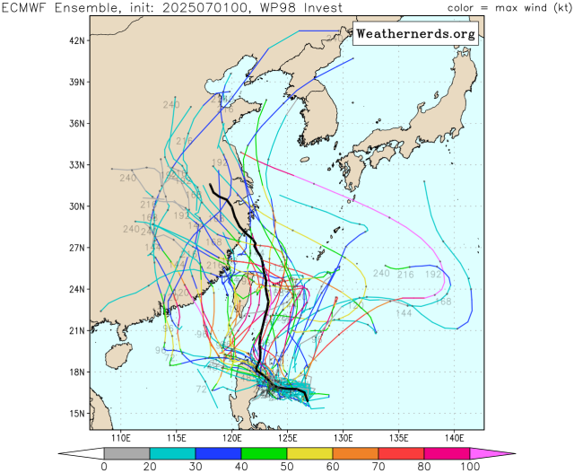 유럽중기예보센터(ECMWF) 앙상블(Ensemble) 모델 감시 98W 열대요란(3호 태풍 문 또는 4호 태풍 다나스로 발달 가능성) 예상경로