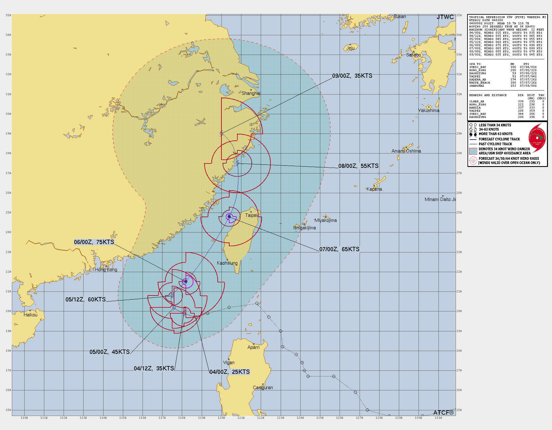 미국 합동태풍경보센터(JTWC, Joint Typhoon Warning Center) 05W TD(향후 4호 태풍 다나스 발달 전망) 예상경로