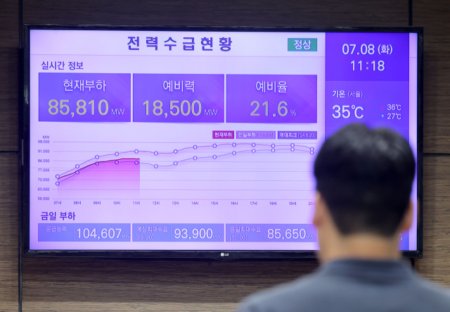 계속되는 폭염으로 최대 전력 수요가 한여름 수준으로 치솟는 가운데 8일 서울 중구 한국전력공사 서울본부 건물 전광판에 이날 전력 수요 현황이 표시되고 있다. 전력거래소의 전력통계정보시스템에 따르면 지난 7일 국내 전력시장 최대전력은 올해 여름들어 최대치인 90.2GW를 기록했다. 전력거래소는 8일 최대 전력 수요를 93.9GW로 전망하고 있다. 연합뉴스