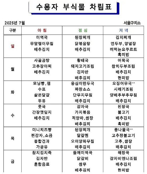윤석열 전 대통령이 재수감된 가운데 이번주 서울구치소 수용자 식단표. 법무부 교정본부 홈페이지 갈무리