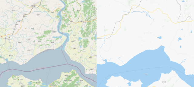 OSM(왼쪽)과 네이버 지도(오른쪽). 네이버 지도에는 예성강이 사라져 있다. OSM & 네이버 지도