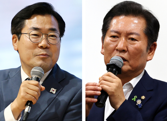 더불어민주당 당 대표 선거에 출마한 정청래 의원(오른쪽)과 박찬대 의원. 연합뉴스