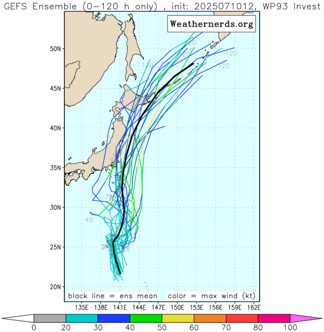 다중앙상블(GEFS) 모델 감시 93W 열대요란 예상경로