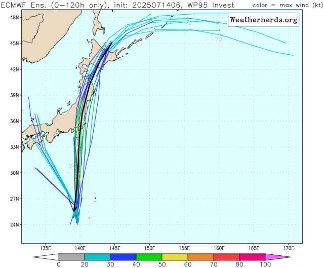 유럽중기예보센터(ECMWF) 앙상블(Ensemble) 모델 감시 95W 열대요란(향후 6호 태풍 위파 발달 가능성) 예상경로