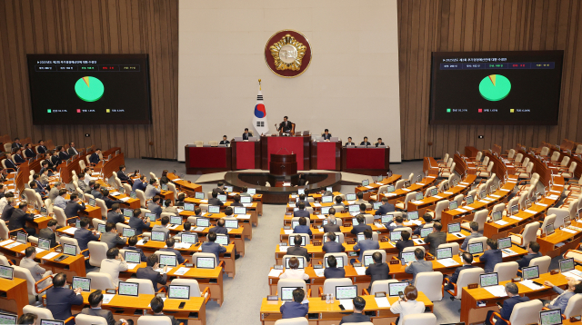 4일 국회 본회의에서 2025년도 제2회 추가경정예산안에 대한 수정안이 통과되고 있다. 연합뉴스