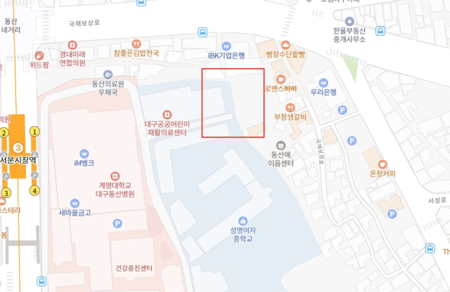 대구 중구 동산동 성명여중 일대 지도. 빨간 네모 부분이 기사 맨 위 사진의 현장 위치. 네이버 지도