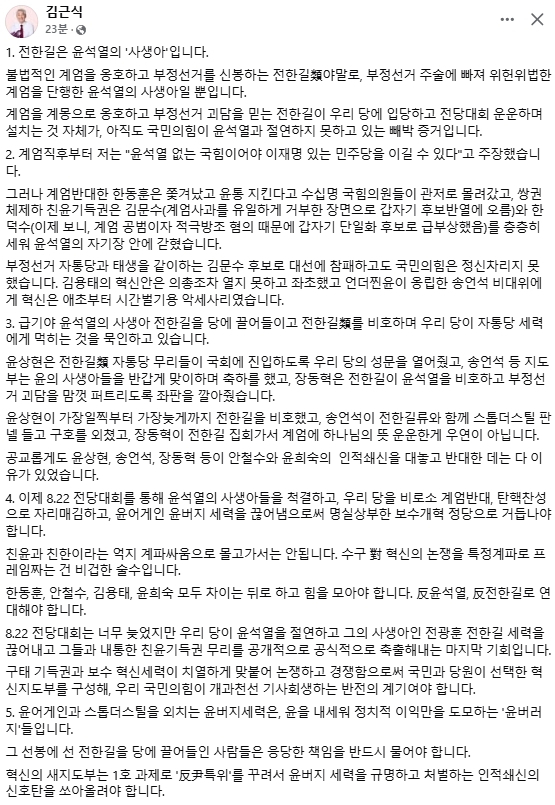 김근식 국민의힘 서울 송파병 당협위원장 페이스북