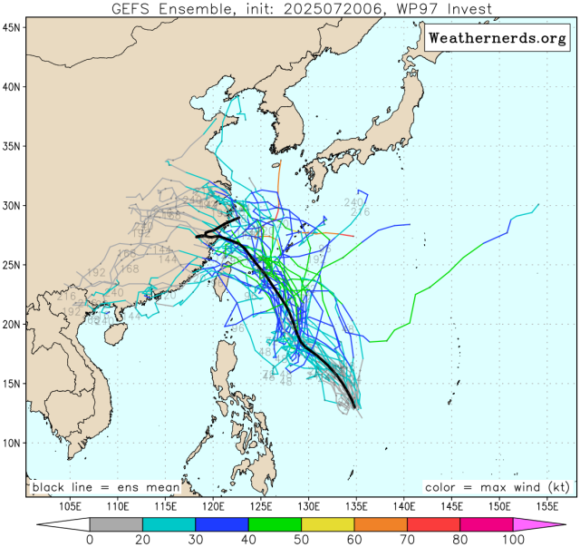 다중앙상블(GEFS) 모델 감시 97W 열대요란(향후 7호 태풍 프란시스코 발달 가능성) 예상경로