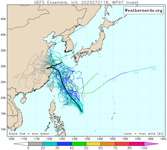 다중앙상블(GEFS) 모델 감시 97W 열대요란(향후 7호 태풍 프란시스코 발달 가능성) 예상경로