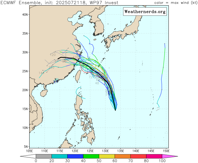 유럽중기예보센터(ECMWF) 앙상블(Ensemble) 모델 감시 97W 열대요란(향후 7호 태풍 프란시스코 발달 가능성) 예상경로