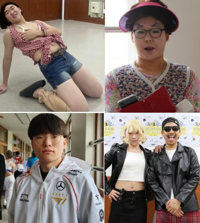 가수 권은비(왼쪽부터 시계방향으로), 유튜버 랄랄(부캐 이명화), 가수 로제·브루노마스, 프로게이머 페이커를 패러디한 의정부고 졸업사진. /의정부고 학생자치회 인스타그램