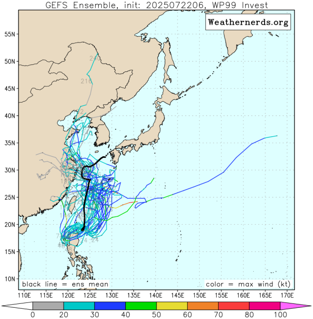 다중앙상블(GEFS) 모델 감시 99W 열대요란 예상경로