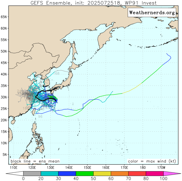 다중앙상블(GEFS) 모델 감시 91W 열대요란(향후 10호 태풍 바이루 발달 가능성)