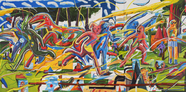 김상덕, 보드랍게 다뤄줭~, 2024, 캔버스에 아크릴릭, 오일파스텔, 오일스틱, 193.9x360.9cm