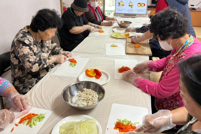 칠곡군 사회복지 등록급식소 이용 어르신들이 대구한의대가 운영한 영양지킴이 프로그램에 참여해 저염 요리 체험을 하고 있다. 대구한의대 제공