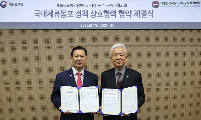 대한민국시장·군수·구청장협의회(대표회장 조재구 대구 남구청장, 이하 협의회)는 30일 인천시 소재 재외동포청(청장 이상덕) 대회의실에서 갈수록 늘고 있는 국내 귀환 동포들의 안정적인 지역 정착을 위해 재외동포청과 업무협약을 체결했다.대한민국시장·군수·구청장협의회 제공
