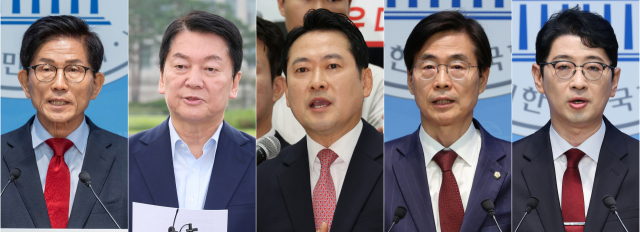 국민의힘은 8·22 전당대회 당 대표 후보 등록 마감 결과 김문수 전 고용노동부 장관, 안철수 의원, 장동혁 의원, 조경태 의원, 주진우 의원(왼쪽부터,가나다순) 등 총 5명이 신청했다고 31일 밝혔다. 사진은 당 대표 출마 선언 기자회견을 하는 5인의 당권 주자들. 연합뉴스