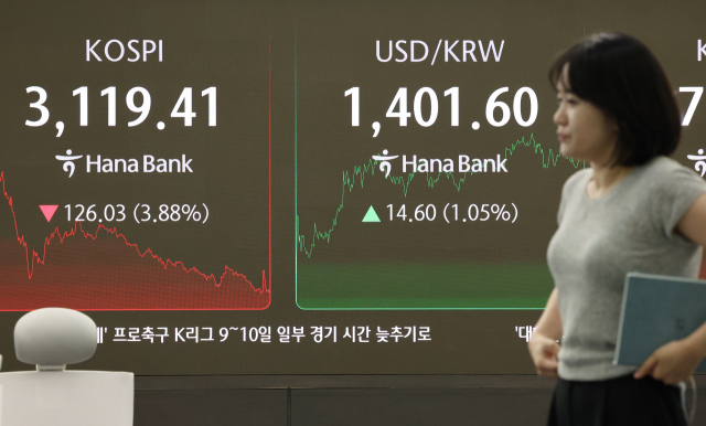 1일 서울 중구 하나은행 본점 딜링룸에서 직원들이 업무를 보고 있다. 이날 코스피는 전장보다 126.03포인트(3.88%) 내린 3,119.41에 장을 마쳤다. 연합뉴스