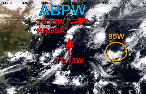 미국 합동태풍경보센터(JTWC, Joint Typhoon Warning Center) 감시 9호 태풍 크로사, 10호 태풍 바이루(TS 13W), 11호 태풍 버들로 발달할 가능성이 있는 95W 열대요란 위치. JTWC 홈페이지
