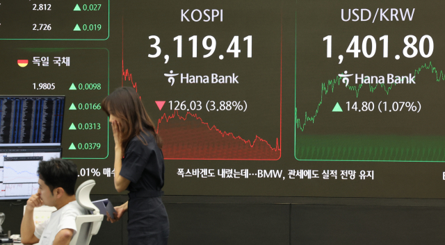 지난 1일 서울 중구 하나은행 본점 딜링룸에서 직원들이 업무를 보고 있다. 이날 코스피는 전장보다 126.03포인트(3.88%) 내린 3,119.41에 장을 마쳤다. 연합뉴스