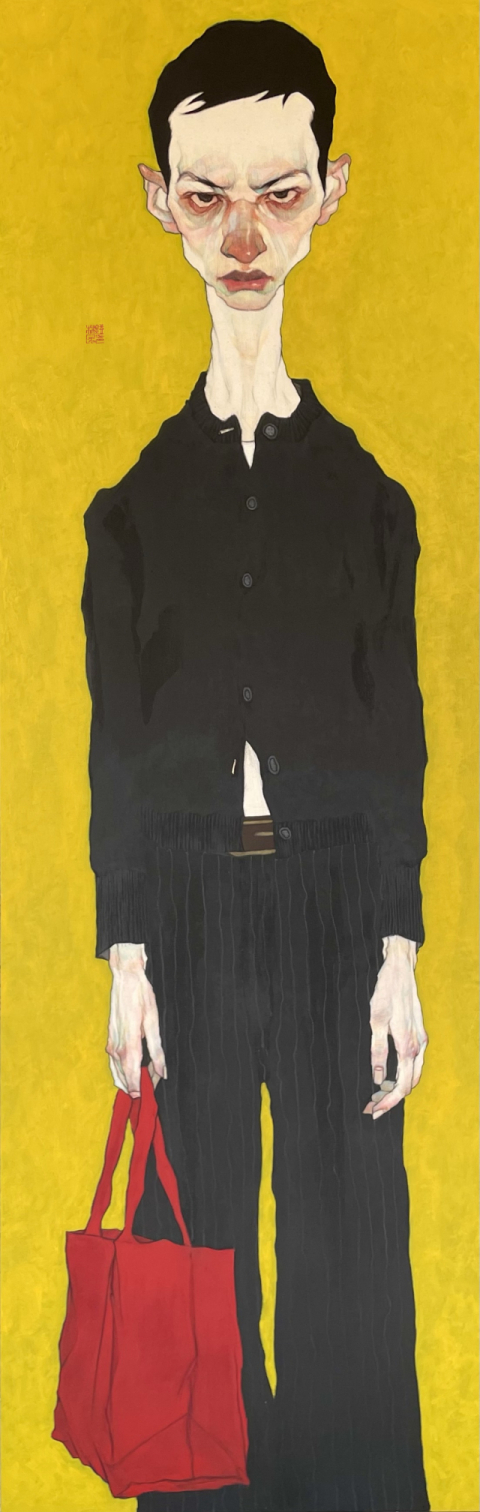 임일민, Man with a Red Bag, 184.8×60.1cm, Mixed media on cotton, 2025