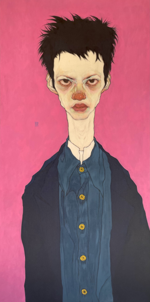 임일민, Man in a Navy Coat, 120×60cm, Mixed media on cotton, 2025