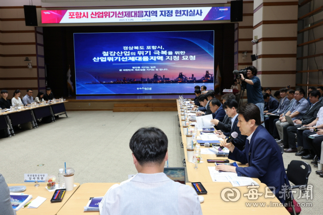 포항 철강산업위기 선제대응지역 지정을 위한 현장실사단이 5일 포항시청에서 지역 경제위기상황에 대한 종합회의를 진행하고 있다. 포항시 제공