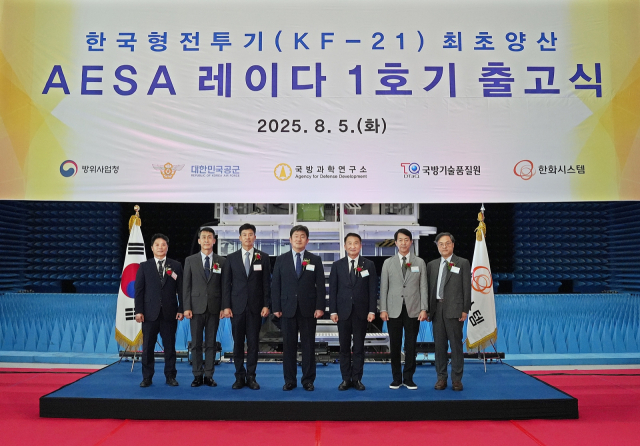 지난 5일 열린 한국형전투기(KF-21)용 AESA 레이다 양산1호기 출고식에서 한화시스템, 방위사업청 관계자들이 기념촬영을 하고 있다. 한화시스템 제공