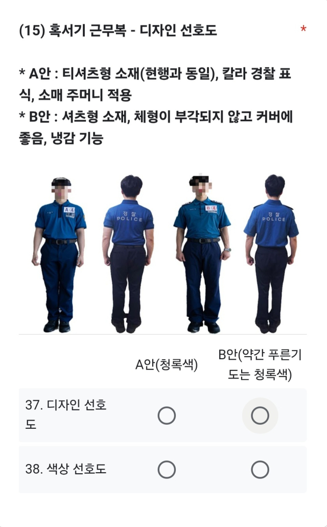 최근 경찰관을 대상으로 진행되고 있는 온라인 품평회 설문조사 항목. 독자 제공