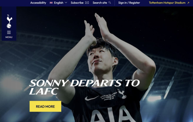 손흥민의 LAFC 이적 소식을 전하는 토트넘 공식 홈페이지 첫 화면. 토트넘 제공