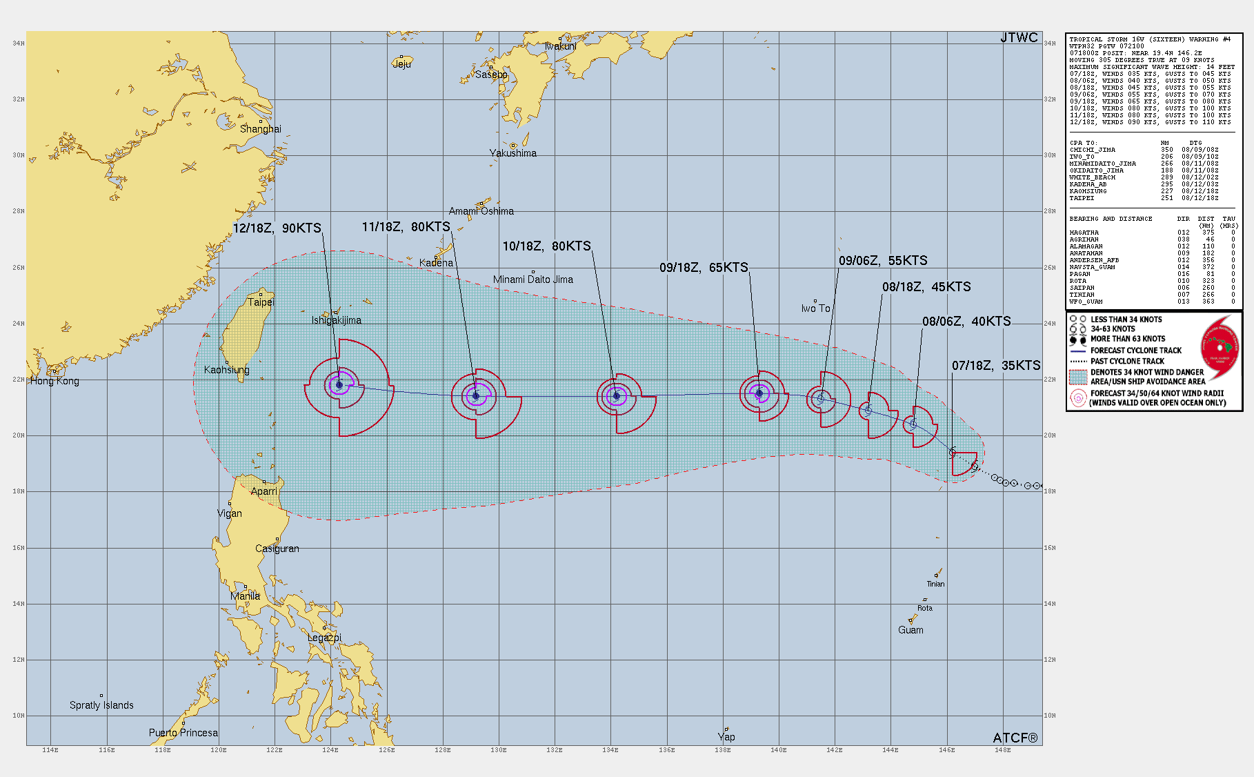 미국 합동태풍경보센터(JTWC, Joint Typhoon Warning Center) 11호 태풍 버들 예상경로