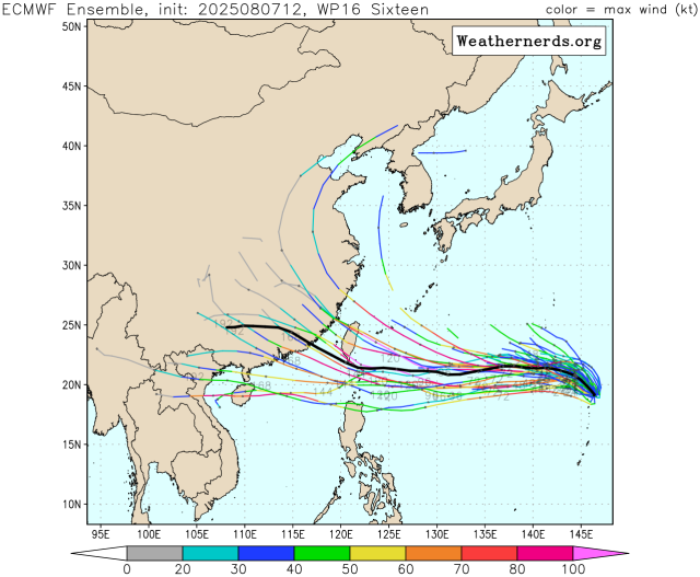 유럽중기예보센터(ECMWF) 앙상블(Ensemble) 모델 11호 태풍 버들 예상경로