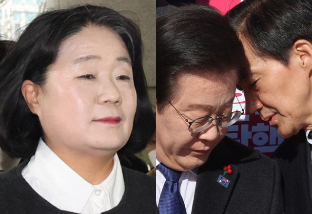 이재명 대통령(중간), 윤미향(왼쪽) 전 의원, 조국(오른쪽) 전 조국혁신당 대표. 연합뉴스