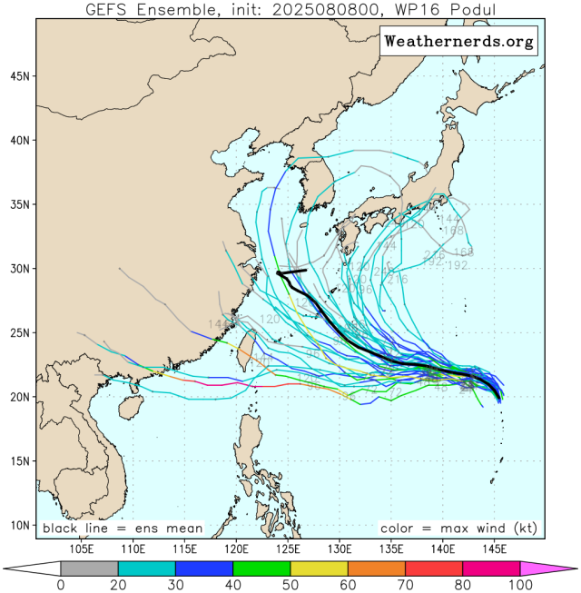 다중앙상블(GEFS) 모델 11호 태풍 버들 예상경로