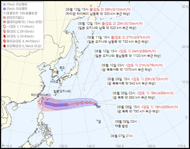 기상청 8일 오후 4시 발표 11호 태풍 버들 예상경로