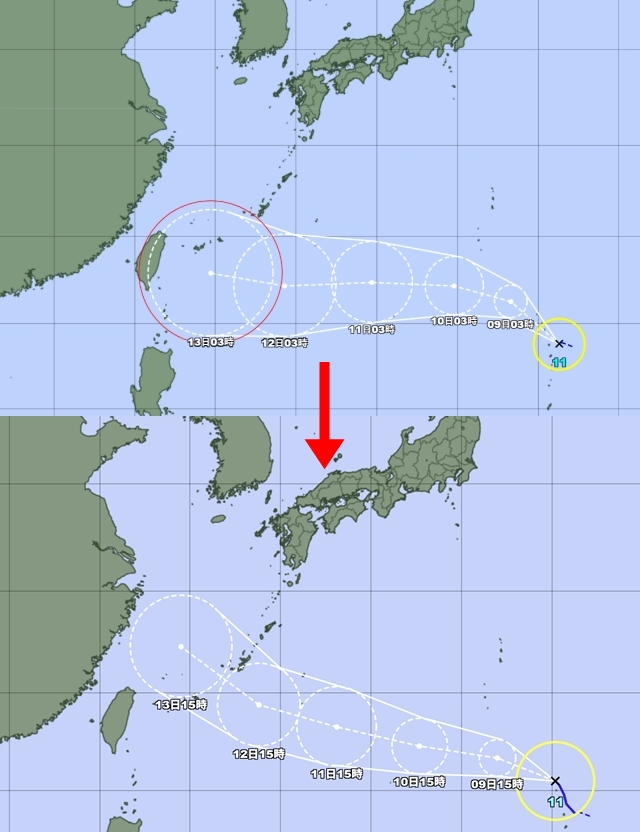 (위) 일본기상청 8일 오전 3시 발표 11호 태풍 버들 예상경로, (아래) 8일 오후 3시 발표 예상경로