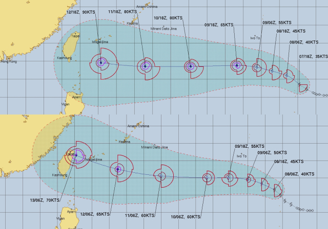 미국 합동태풍경보센터(JTWC, Joint Typhoon Warning Center) 11호 태풍 버들 예상경로. (위) 8일 오전, (아래)8일 오후