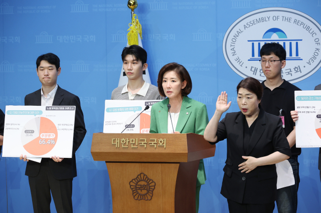 국민의힘 나경원 의원이 12일 서울 여의도 국회 소통관에서 노동개혁청년행동의 노란봉투법 입법 반대 기자회견에 앞서 발언하고 있다. 연합뉴스