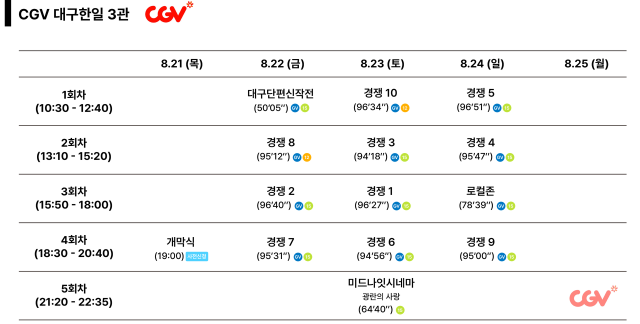26 DIFF CGV대구한일 상영시간표. 대구단편영화제 조직위원회 제공