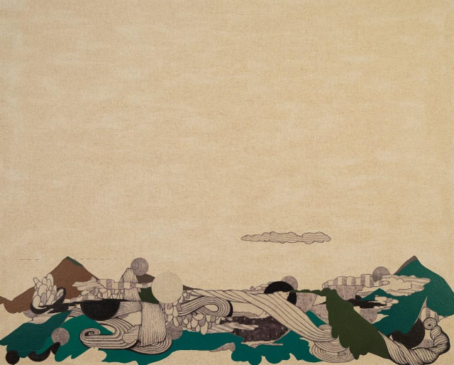 박보정, 물든 숲_07 리넨 캔버스 위에 리넨, 볼펜잉크, 오일파스텔 130.3x162.2cm, 2022