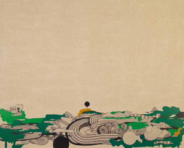 박보정, 물든 숲_04, 리넨 캔버스 위에 리넨, 볼펜잉크, 오일파스텔 130.3x162.2cm, 2022