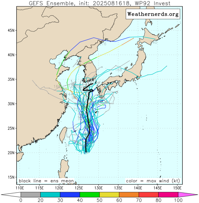다중앙상블(GEFS) 모델 감시 92W 열대요란(12호 태풍 링링 발달 가능성) 예상경로