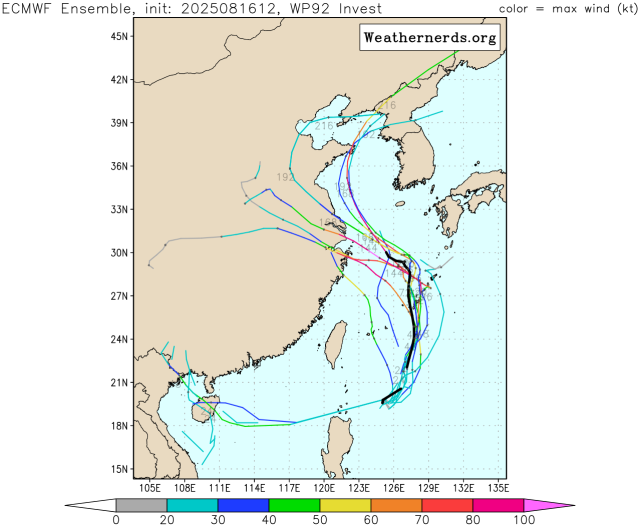 유럽중기예보센터(ECMWF) 앙상블(Ensemble) 모델 감시 92W 열대요란(12호 태풍 링링 발달 가능성) 예상경로